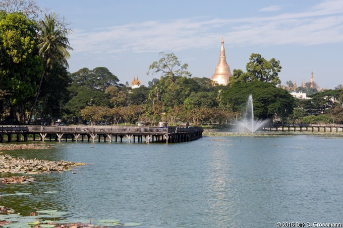 Kandawgyi Lake with the Shwedagon Pagoda (Click for next image)